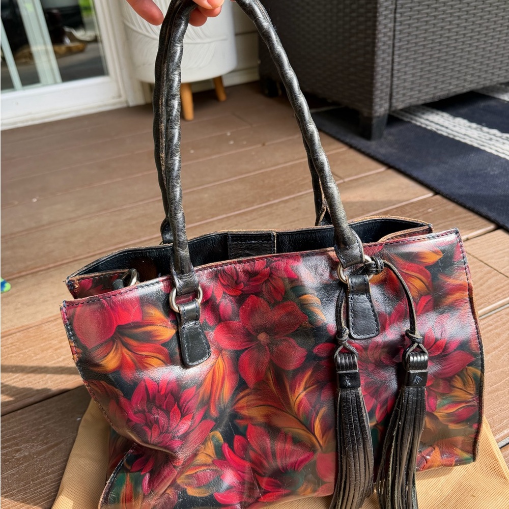 Patricia Nash Red Floral Leather Tote with Black Handles and Tassels